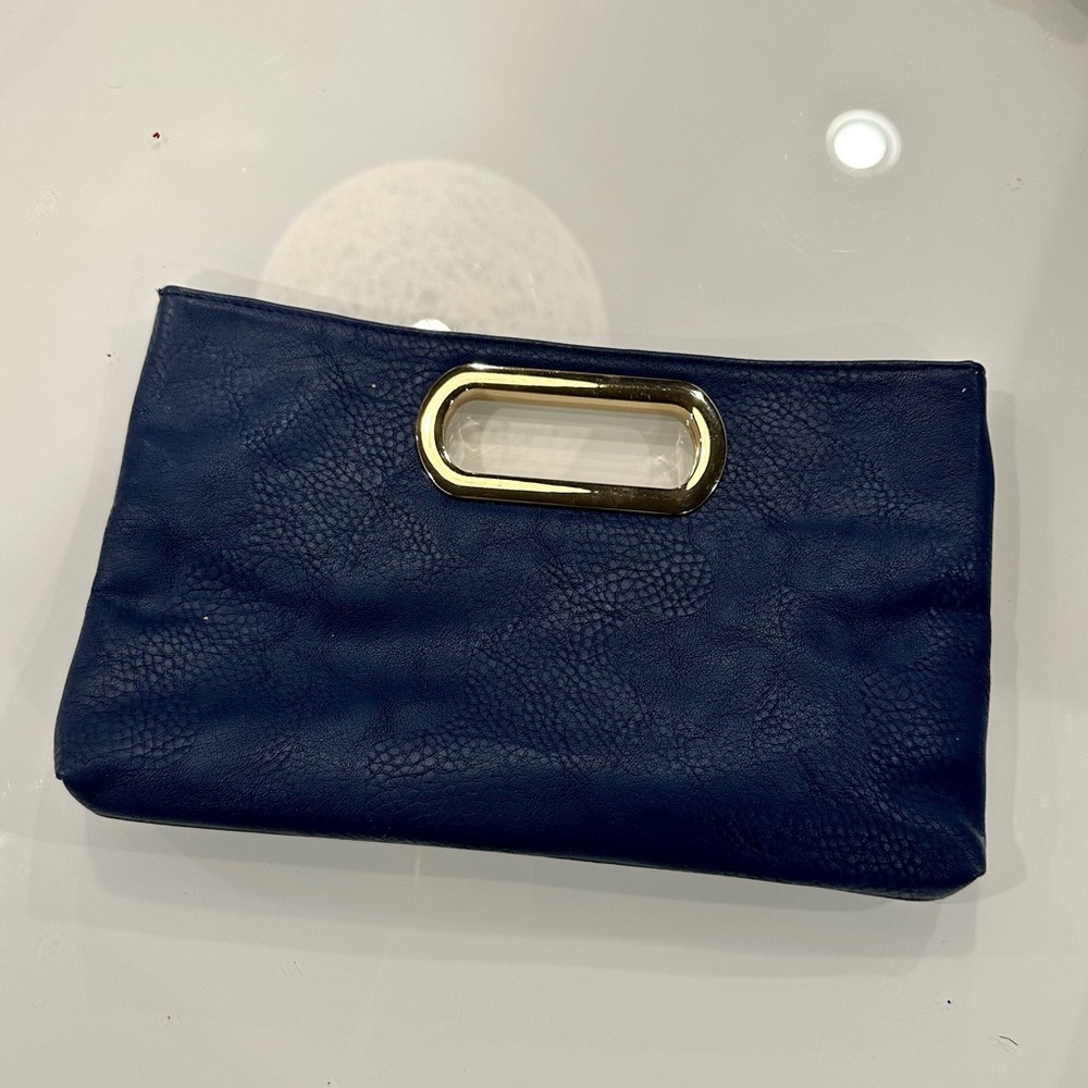Navy blue clutch purse with detachable chain, EUC